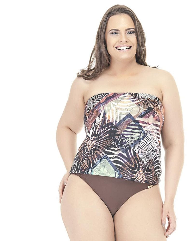Front of a model wearing a size 24 Swimsuit With Two Different Fabrics And Padded Top in Brown by Lehona. | dia_product_style_image_id:267743